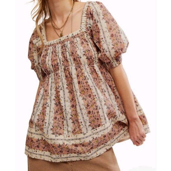 FREE PEOPLE Vintage Lover Cotton Top Medium Womens Tunic Floral Boho Peasant NEW - Picture 4 of 13